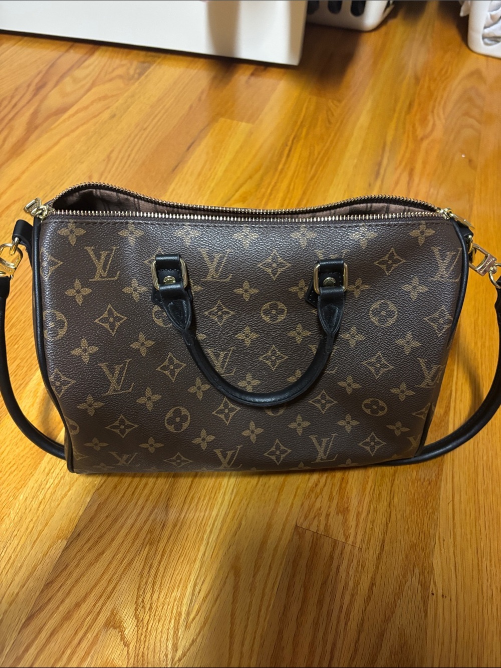 Louis Vuitton Brown Monogram Satchel with Black Handles and Gold Hardware